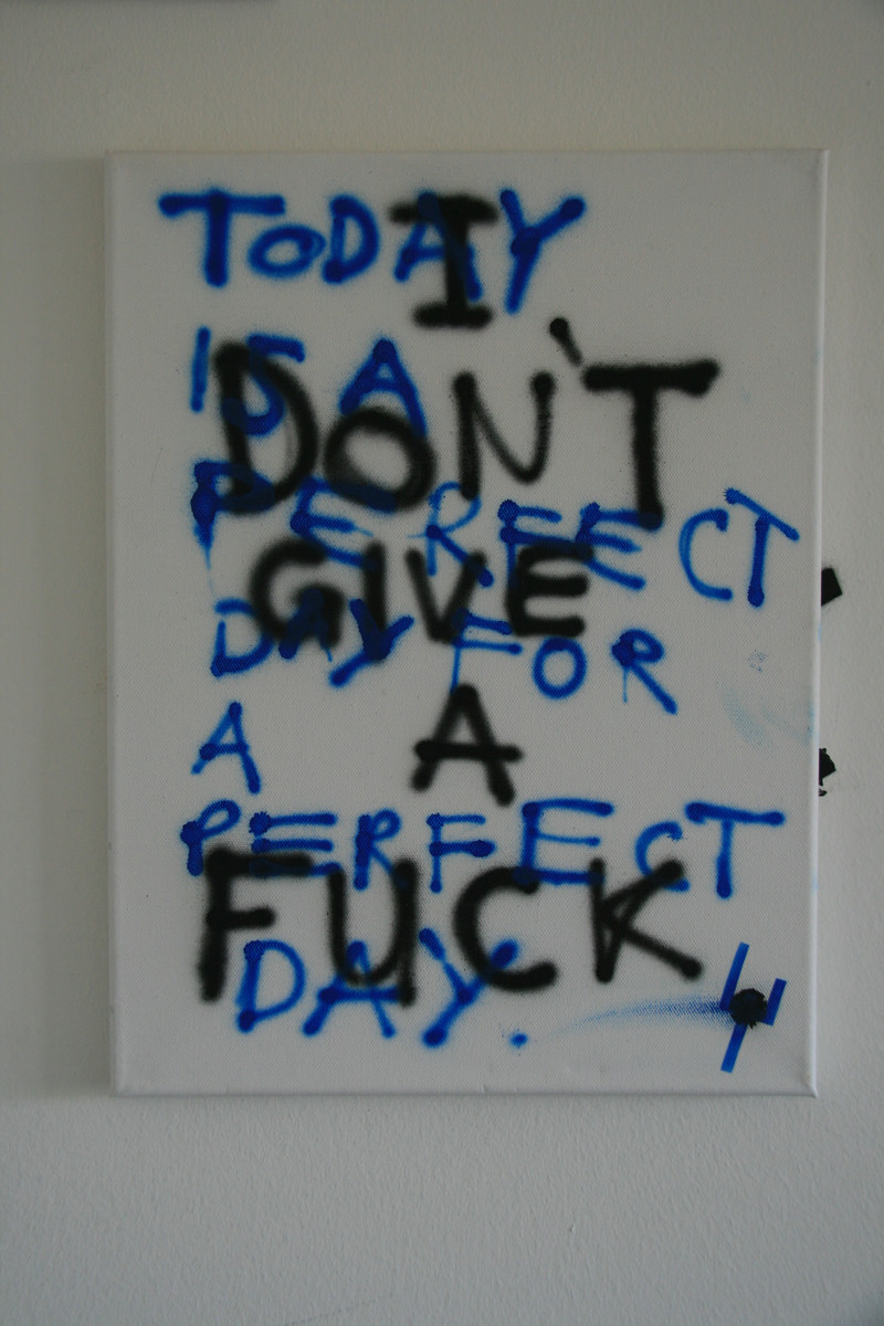 Canvas airbrushed text saying today is a perfect day for a perfect day and I DON'T GIVE A FUCK